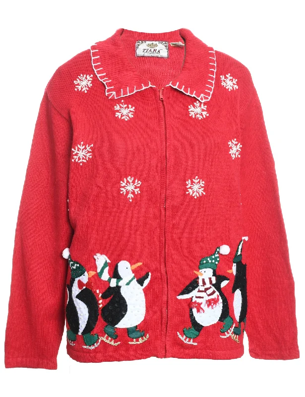 Red Penguin Design Christmas Cardigan - L