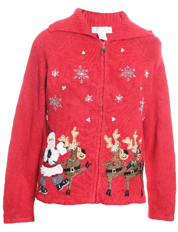 Santa Claus & Reindeer Design Zip-Front Christmas Cardigan - S