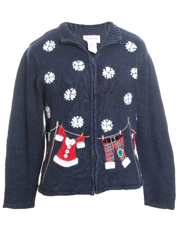 Snowfall Design Appliqued Navy Zip-Front Christmas Cardigan - S