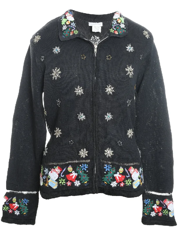 Snowfall Design Black Embroidered Zip-Front Christmas Cardigan - L