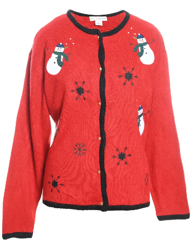 Snowman Design Black, Red & White Appliqued Christmas Cardigan - XL