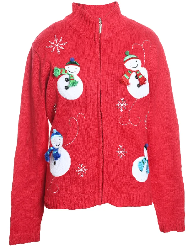 Snowman Design Knit Zip-Front Christmas Cardigan - M