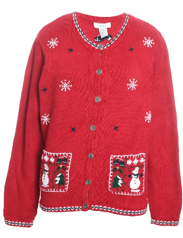 Snowman Design Red Embroidered Christmas Cardigan - M