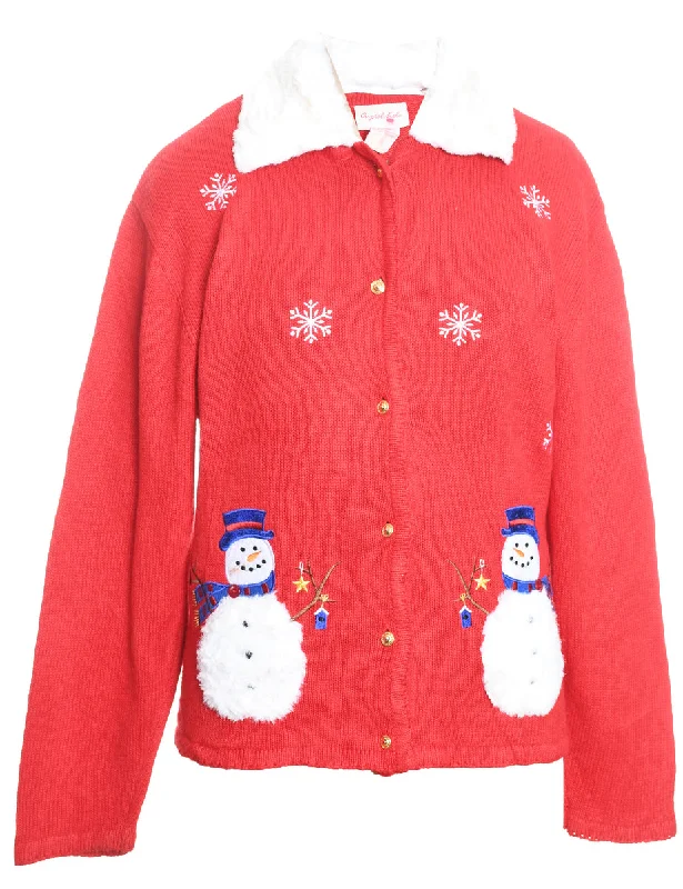 Snowman Design Red Faux Fur Collar Christmas Cardigan - L