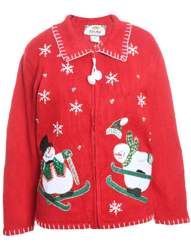 Snowman Design Red & White Embroidered Christmas Cardigan - M