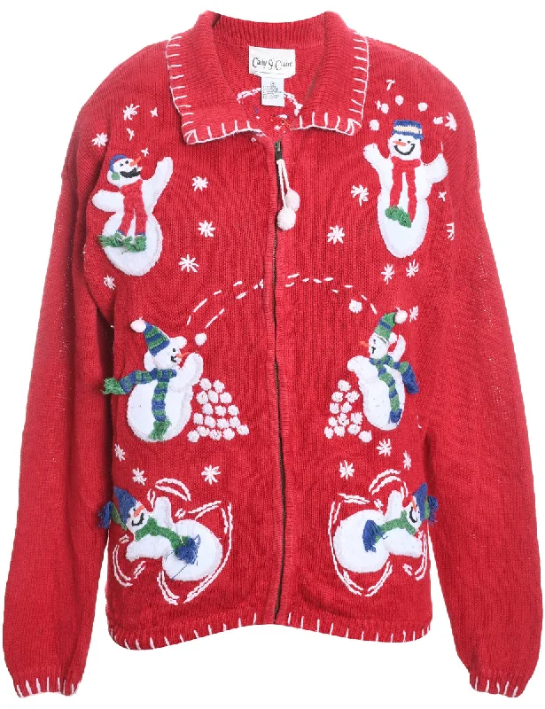 Snowman Design Red & White Zip-Front Christmas Cardigan - M