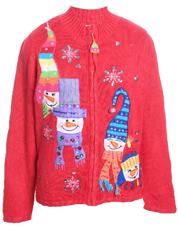 Snowman Design Zip-Front Appliqued Christmas Cardigan - L