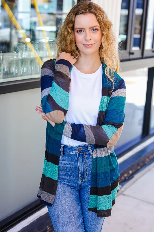 Teal/Blue Stripe Patch Elbow Cardigan