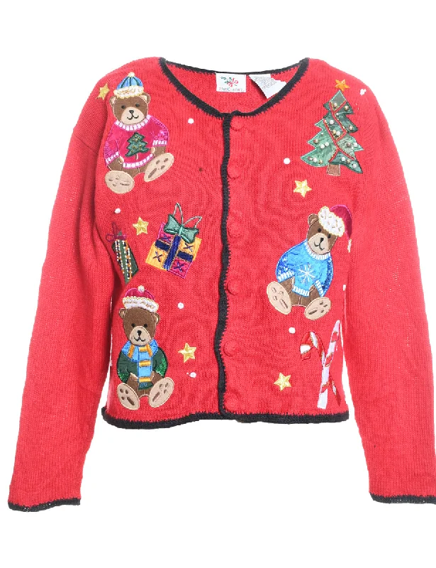 Teddy Bear Print Christmas Cardigan - S