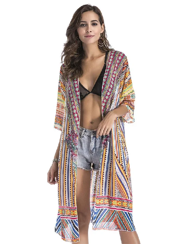 Women's National Printed Long Kimono Cardigan Beach Tops Cover Ups