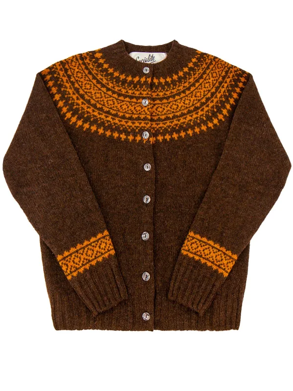1940s Style Pure Wool Fairisle Cardigan in Coffee Brown Stretchy Elastic Breathable
