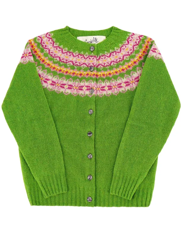 1940s Style Pure Wool Fairisle Cardigan in Garden Green Patchwork Embroidered Appliqued 1940s Style Pure Wool Fairisle Cardigan in Garden Green Patchwork Embroidered Appliqued