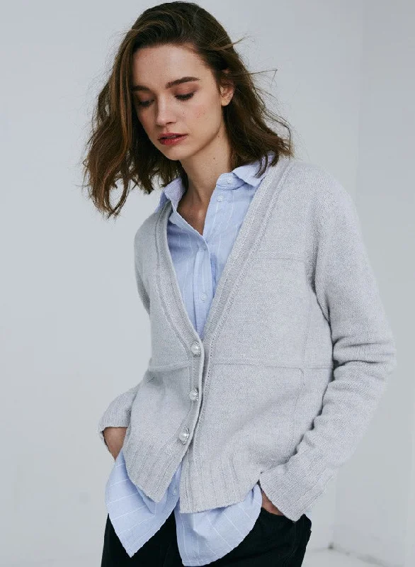 Autumn Cashmere V-Neck Cardigan with Pearl Buttons in Sleet Elasticated Padded Insulated