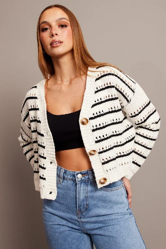 Beige Stripe Oversized Knit Cardigan V Neck Stripe Tailored Straight A-Line