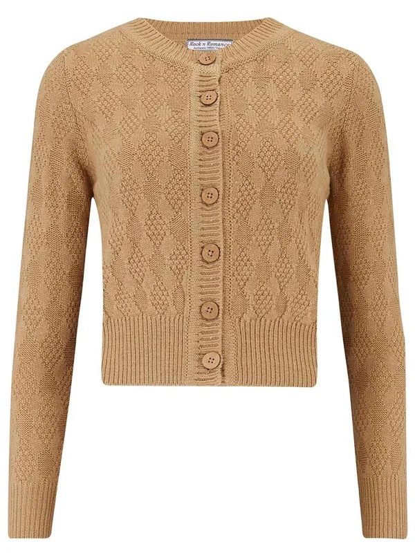 Biscuit Beige Vintage Style Diamond Textured Knit Cardigan Toggled Drawstring Belted Biscuit Beige Vintage Style Diamond Textured Knit Cardigan Toggled Drawstring Belted