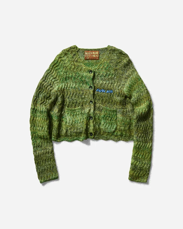 Women's Isa Scalloped Cardigan Green Striped Floral Plaid