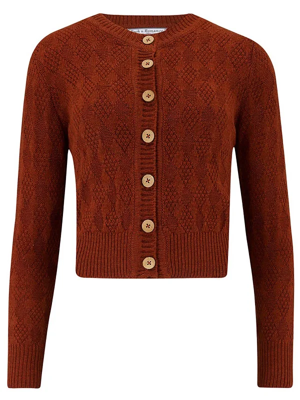 Cinnamon Orange Vintage Style Diamond Textured Knit Cardigan Embroidered Appliqued Beaded