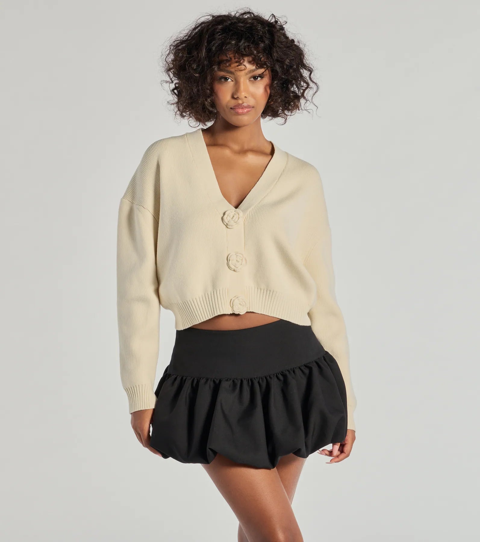 Floral Charm Cropped Cardigan Knit Sweater Front Pockets Side Pockets Patch Pockets