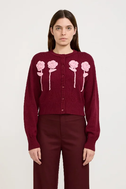 Flower Cardigan Maroon Mesh Cardigan Canvas Denim