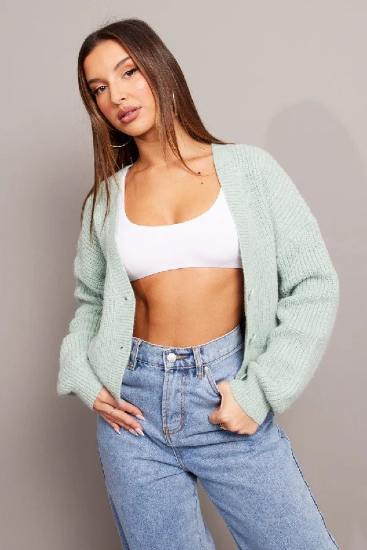 Green Knit Cardigan Long Sleeve V Neck Button Up Lightweight Heavyweight Midweight