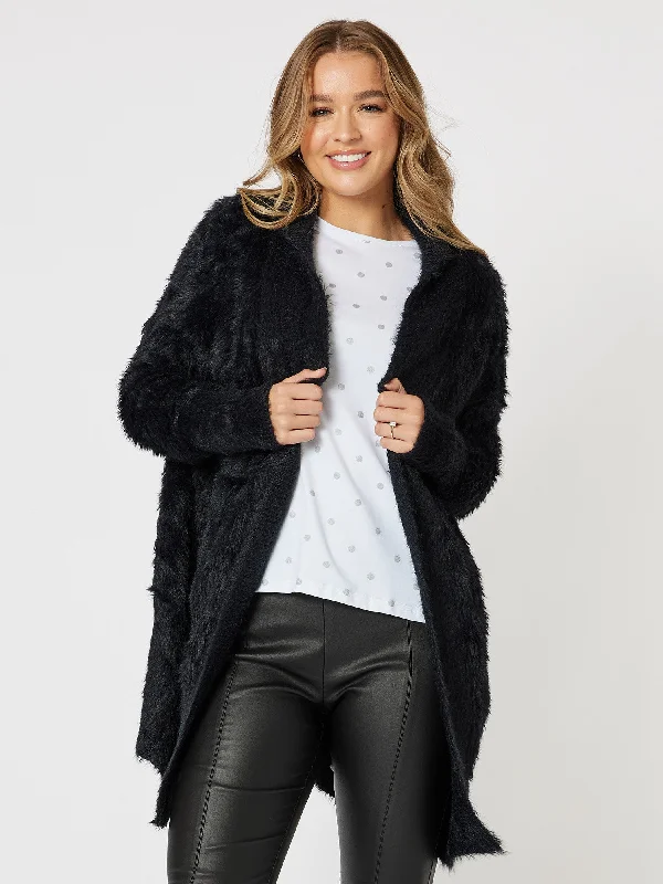 Feather Knit Cardigan - Black Front Pockets Side Pockets Patch Pockets