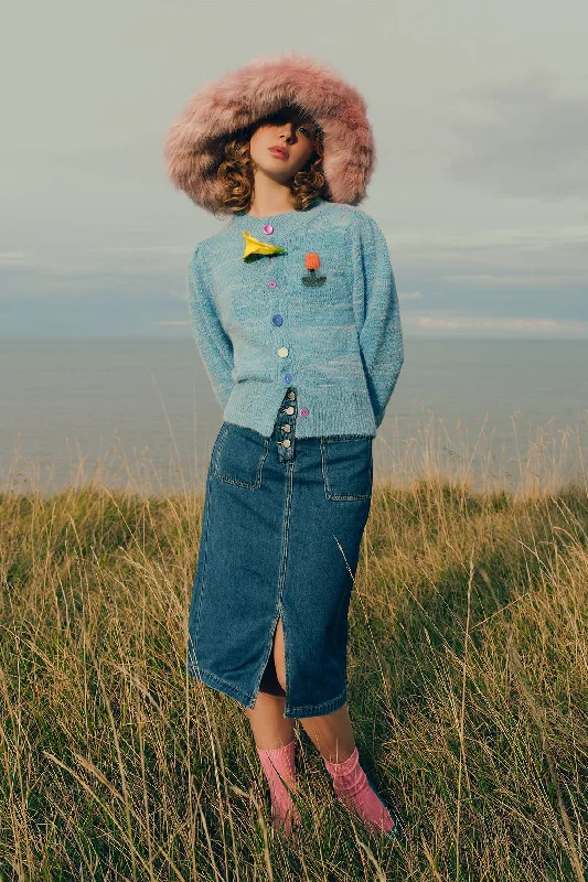 ZI II CI IEN | Blue Tulip Puff Sleeves Cardigan Zippered Front Buttoned Front Snap Front ZI II CI IEN | Blue Tulip Puff Sleeves Cardigan Zippered Front Buttoned Front Snap Front