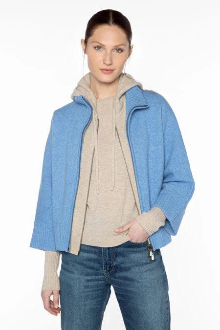 Kinross Cashmere Doubleknit Short Zip Mock Cardigan Herringbone Houndstooth Plaid