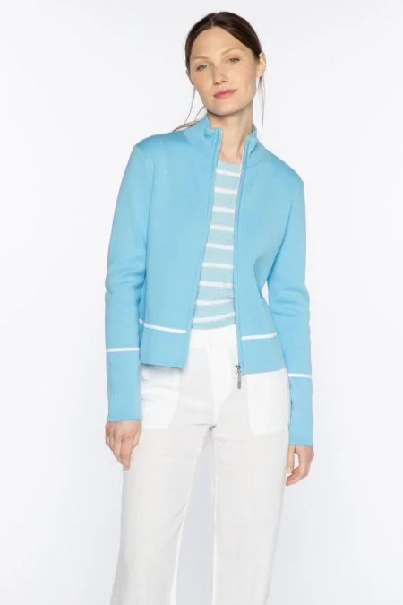 Kinross Cashmere Fitted Zip Mock Cardigan Solid Color Striped Floral Print