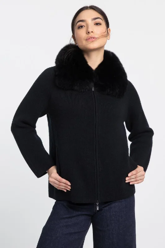 Kinross Cashmere Fox Fur Collar Zip Cardigan Mesh Cardigan Canvas Denim
