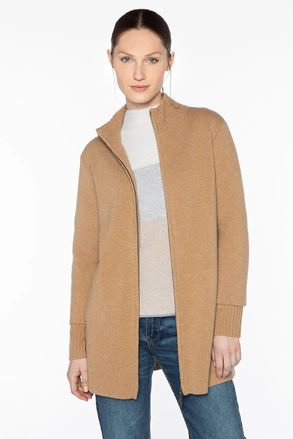 Kinross Doubleknit Zip Mock Cardigan in Camel Chenille Brocade Lace