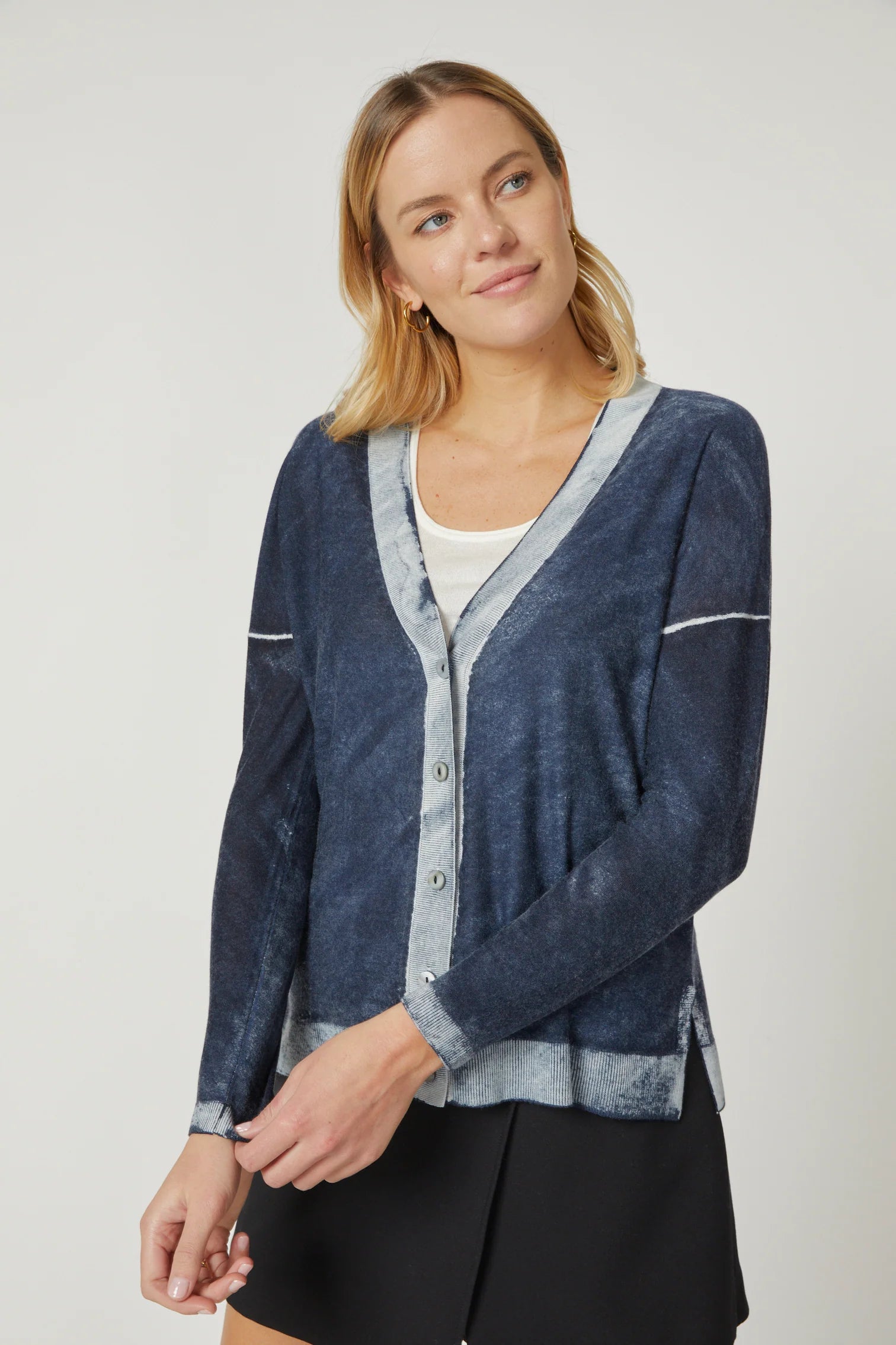 Kokun Overdye Boxy Cardigan in Denim Collared Crew Neck Turtle Neck