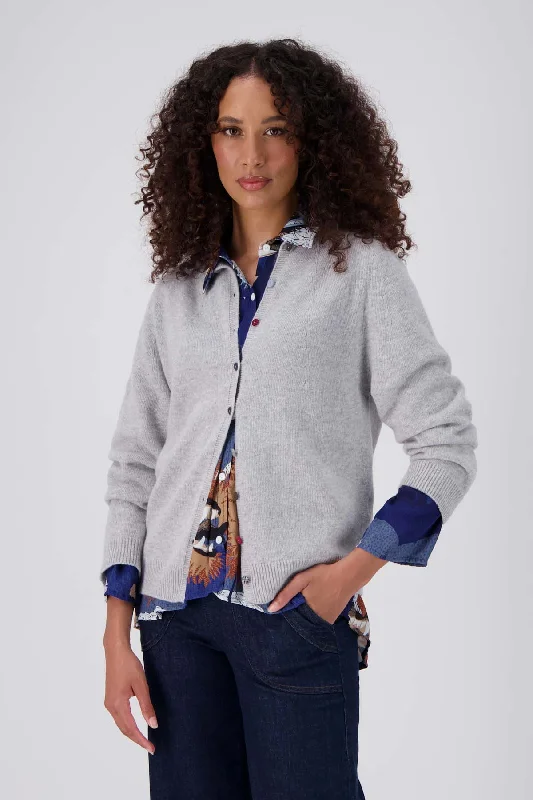 Kyoto Button Cardigan Light Grey Real Fur Shearling Chenille