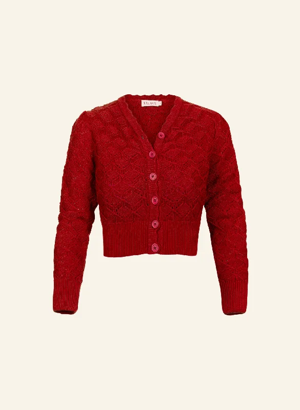 Leah Winter Vine Knitted Cardigan - Burgundy Plaid Cardigan Polka Dot Checkered