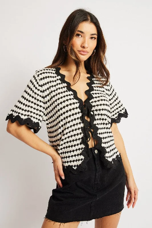 Multi Stripe Knit Cardigan Short Sleeve Tie Up Mesh Blend Leather Blend Suede Blend