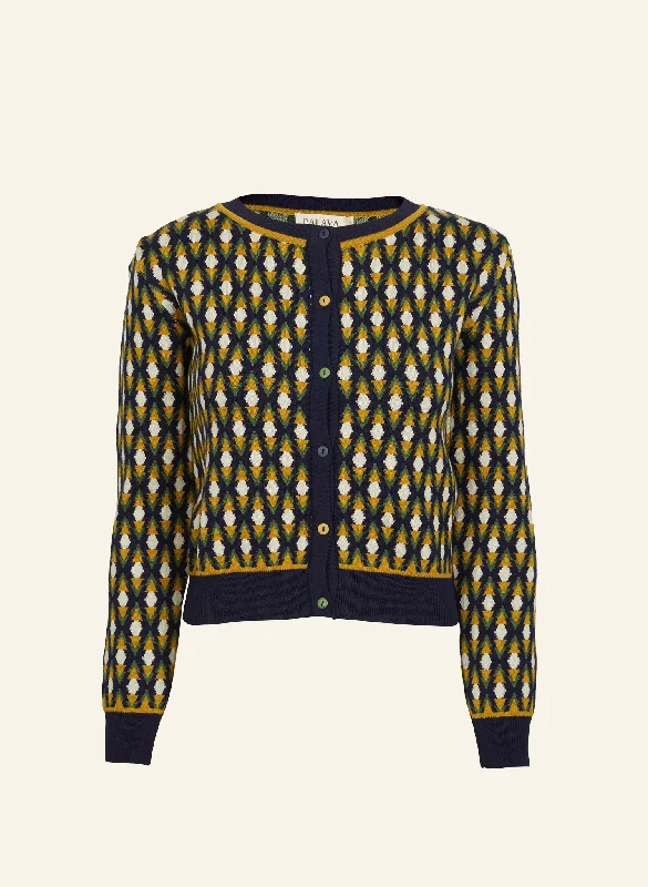 Vera Jacquard Cardigan - Navy Diamond Anti-Pilling Anti-Shrink Durable