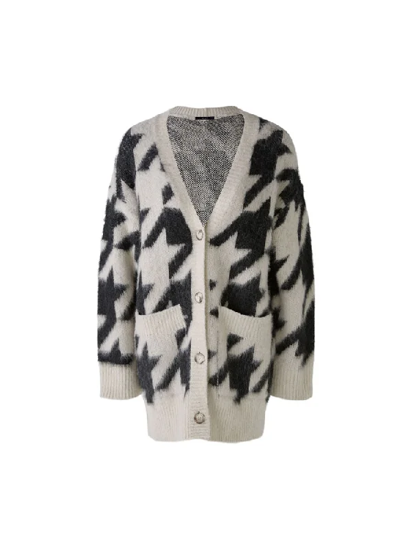 Oui Houndstooth Patterned Cardigan White & Black Mesh Fabric Canvas Fabric Denim Fabric