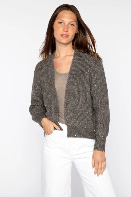 Kinross Cashmere Sequin Rib Cardigan Solid Print Embellished