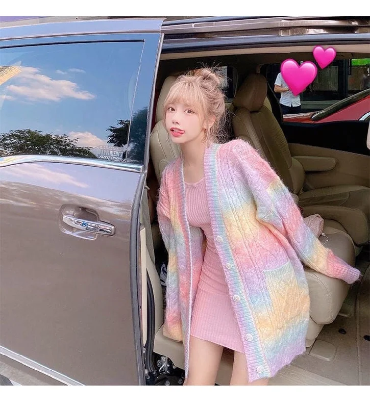 Sweet Rainbow Knitted Cardigan Boat Neck Shawl Collar Notched Collar