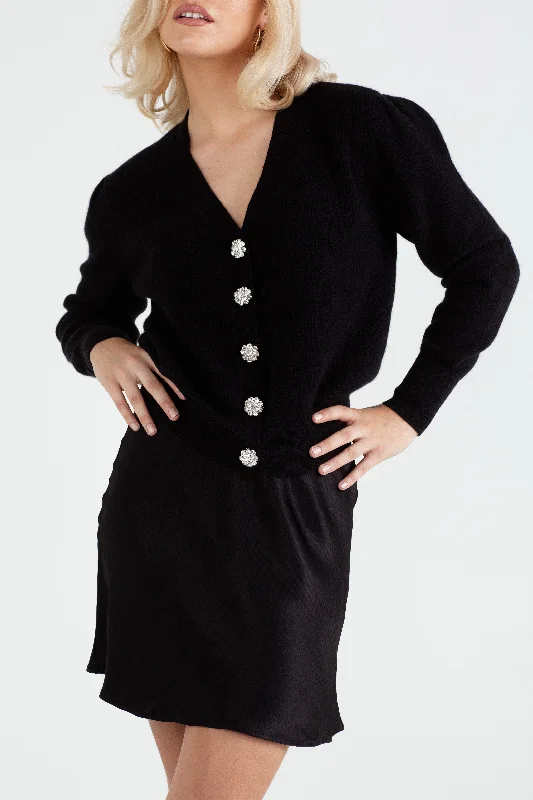 "The Annabelle" - Puff Sleeve Cashmere Cardigan (Black) Sequined Glittery Shiny