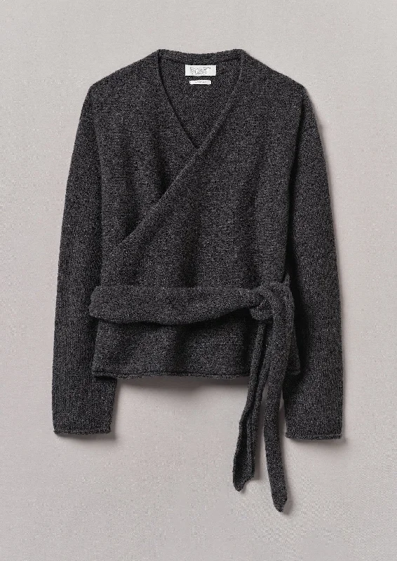 V-Neck Wool Wrap Cardigan | Charcoal Zippered Front Buttoned Front Snap Front
