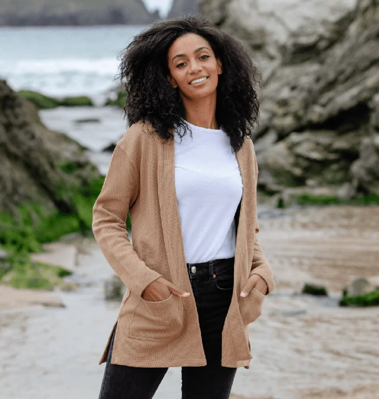 Women's Waffle Knit Cardigan Crew Neck V-Neck Turtle Neck