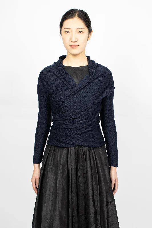 Wrap Knit Cardigan Navy Blue Wool Fleece Cardigan Nylon Polyester